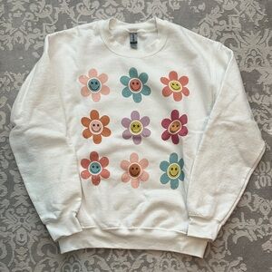 Gildan White Sweater with Colorful Floral Smiles